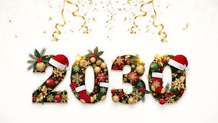 New Year's celebration with colorful decorations and festive 2030 numerals amidst gold confetti