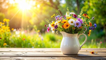 White ceramic pitcher with vibrant wildflowers—pink, red, yellow, white, and orange bouquet on wooden surface in sunlit garden.