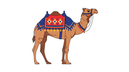 Illustration of a Camel with a Colorful Saddle on a White Background