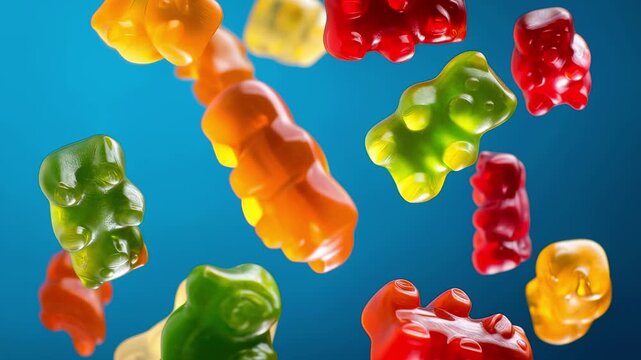 Highspeed footage capturing colorful gummy bears with glossy textures and joyful atmosphere