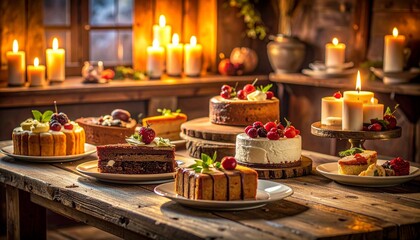 Naklejka premium Rustic wooden table with assorted cakes—frosted layers, fruit toppings, caramel drizzles, candles, and lantern.