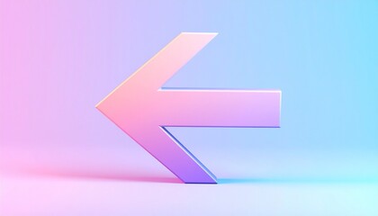 Three-dimensional left-pointing arrow in gradient pink and purple hues on soft blue-pink background with depth shading.