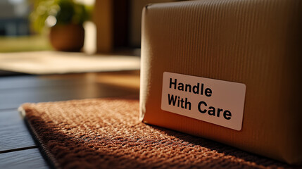 A corrugated box with "Handle With Care" label resting on a brown welcome mat. Natural light creates soft shadows, suggesting a delivery at a home's entrance. Neutral tones abound.
