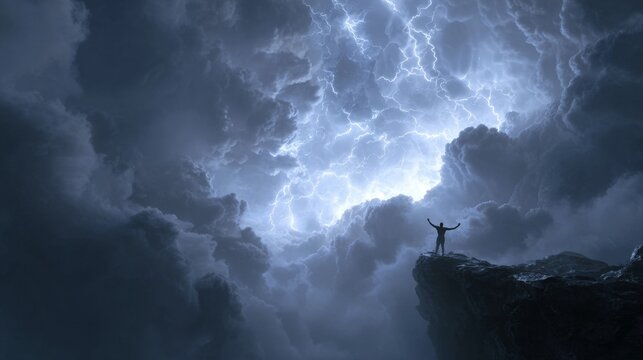 A person is standing on a cliff in the middle of a stormy sky. The sky is filled with dark clouds and lightning bolts. The person is looking up at the sky, seemingly in awe of the storm