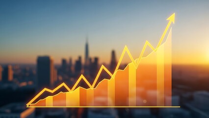 Yellow line graph with upward trend and cityscape business finance