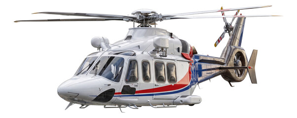 Medical helicopter featuring an antenna array and a reinforced tail section.