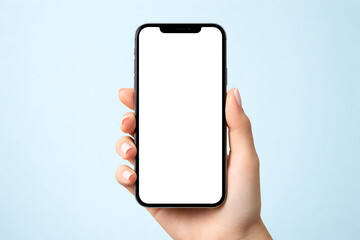 Hand holding a smartphone with a blank white screen isolated on a light blue background for clean interface presentation and mobile design