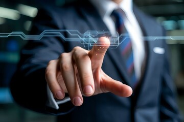 Businessman interacting with a futuristic digital interface, symbolizing innovation and advanced technology