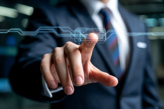 Businessman interacting with a futuristic digital interface, symbolizing innovation and advanced technology - Powered by Adobe