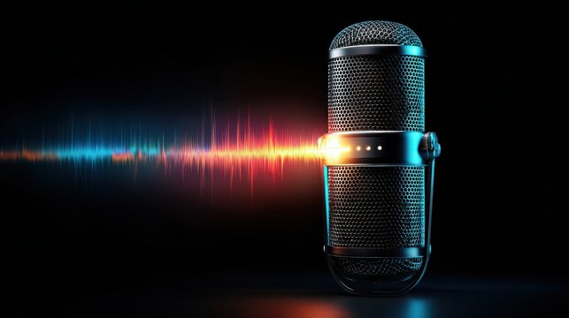 touching microphone voice recognition ai assistant sound wave audio recording technology concept