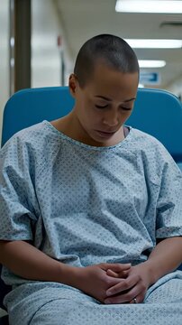 Anxious woman with a shaved head wearing a hospital gown sits by herself in a hospital waiting room, appearing downtrodden as she glances around with unease
