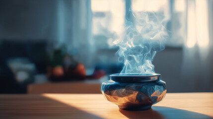 窓辺の棚に置かれた香皿が、朝の静けさと香りを感じさせる穏やかな室内空間の水彩ポリゴン