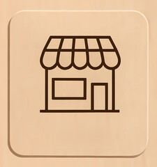 Storefront Outline Icon on Wooden Background: Simple outlined icon of a small shop or a store on wood texture, symbolizing retail, commerce, and small business concepts.