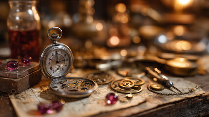 Vintage pocket watch mechanism and watchmaking repair tools