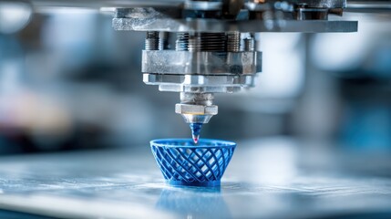 blue lattice form growing under 3d printer nozzle futuristic lab symbol of additive manufacturing innovation sustainable production and industry four zero trend