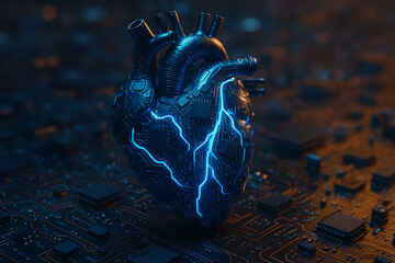 Cyborg heart with glowing blue circuits on motherboard