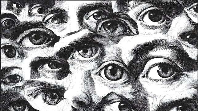 Surreal black and white illustration of numerous staring eyes forming dense abstract pattern with unsettling texture