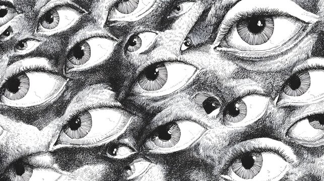 Surreal black and white illustration of numerous staring eyes forming dense abstract pattern with unsettling texture