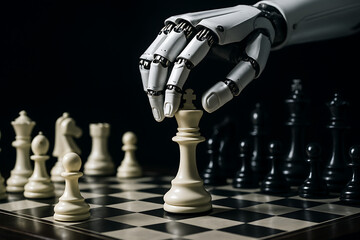 Robot hand moves chess piece on board game