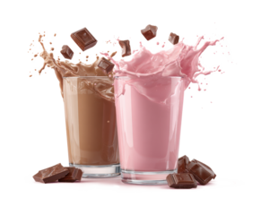 Two glasses of chocolate milk with chocolate chips floating in the milk, isolated on a transparent background