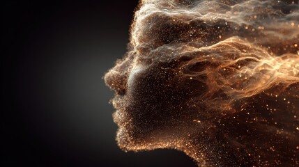 luminous digital human profile emerging from a swirling cloud of glowing particles symbolizing artificial intelligence data streams and the intricate essence of consciousness