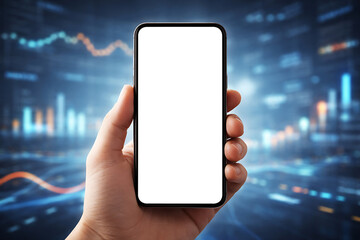 Hand holding a smartphone with a blank white screen over a blurred digital blue stock market data background for financial and trading app mockup