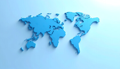 Obraz premium Minimalist 3D blue world map illustration on a clean background with soft shadows for global business concept.