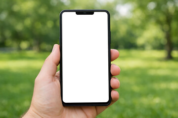 Hand holding a mobile phone with a white blank screen against a blurred green park background for outdoor application interface presentation and marketing mockup
