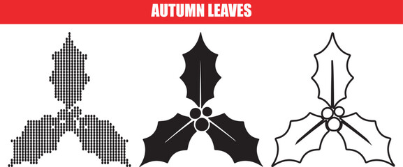 Three variations of a holly leaf and berry design, including pixelated, solid silhouette, and outline styles, suitable for winter and holiday themes. © Muhammad