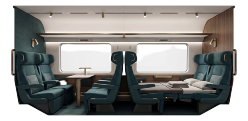 Sleeper train car with fabric seats that transform into beds.