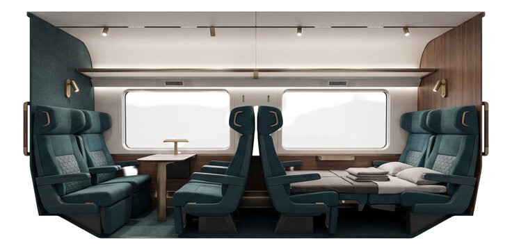 Sleeper train car with fabric seats that transform into beds.