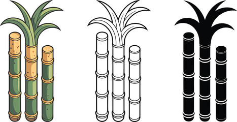Sugarcane silhouette & Outline and illustration set isolated on transparent background 