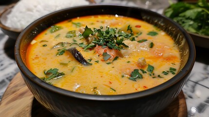 Close up of tom kha soup in a dark bowl with herbs and other ingredients on a wooden surface