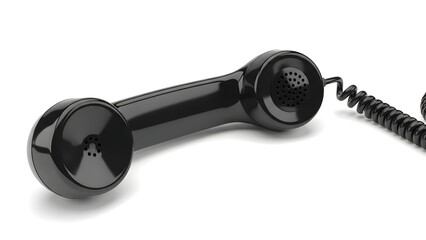 Classic telephone handset. A close-up shot of a black telephone handset, angled, with its cord