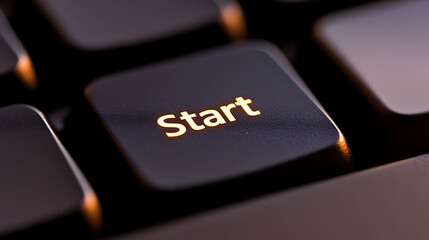 Illuminated 'Start' key on a dark keyboard, symbolizing beginnings and new opportunities. Represents the simple action of initiating a process or launching an application.