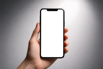 Hand holding smartphone with blank white screen against neutral grey studio background with spotlight for professional mobile interface mockup and tech hardware product display