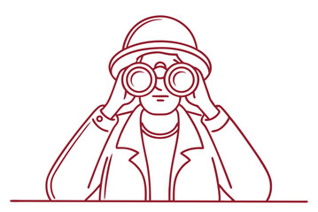 Line drawing of male tourist looking through large binoculars far distance