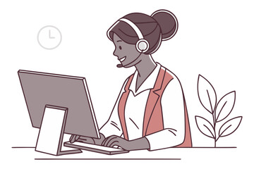 Woman in headset from call center providing customer support illustration