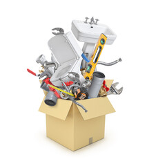 Plumbing Supplies Sale Concept with Assorted Plumbing Items in Open Cardboard Box Isolated on White