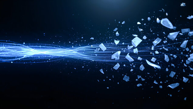 futuristic abstract scene showing luminous blue data threads and floating white paper fragments spinning outward, conveying rapid information flow, depth and motion with a clean modern tech aesthetic
