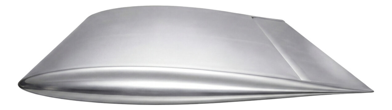 Curved elliptical wing with a sleek, polished aluminum finish.