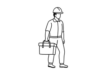 Line drawing of construction worker carrying toolbox professional labor illustration