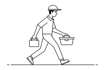 Line drawing of construction worker carrying toolbox safety work illustration