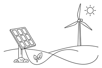 Line drawing of solar panel photovoltaic and windmill renewable energy concept