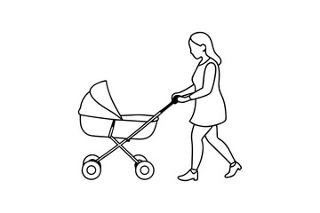 Line drawing of woman with baby stroller family care parenting illustration