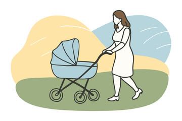 Line drawing of woman with baby stroller outdoor scene parenting concept