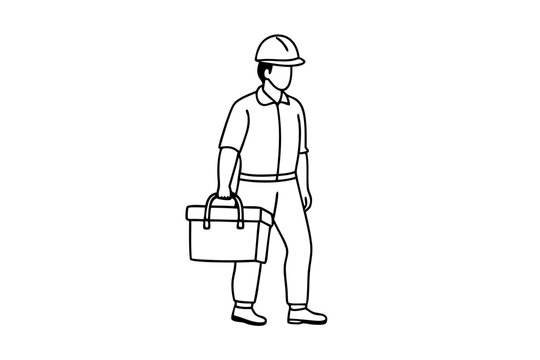 Line drawing of construction worker carrying toolbox professional labor illustration