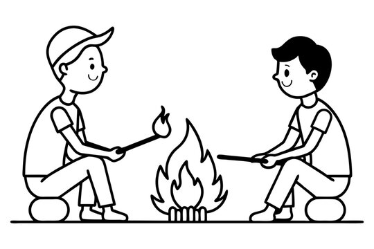 Line drawing of two boys roasting marshmallows over campfire camping illustration