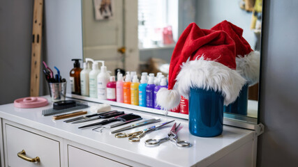 Hair salon workspace with festive Santa hat and colorful product bottles