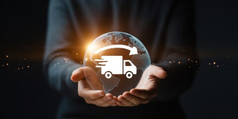 Global Logistics in Hand: A conceptual representation showcases a pair of hands cradling a glowing globe with a delivery truck icon, symbolizing international shipping and global connectivity.